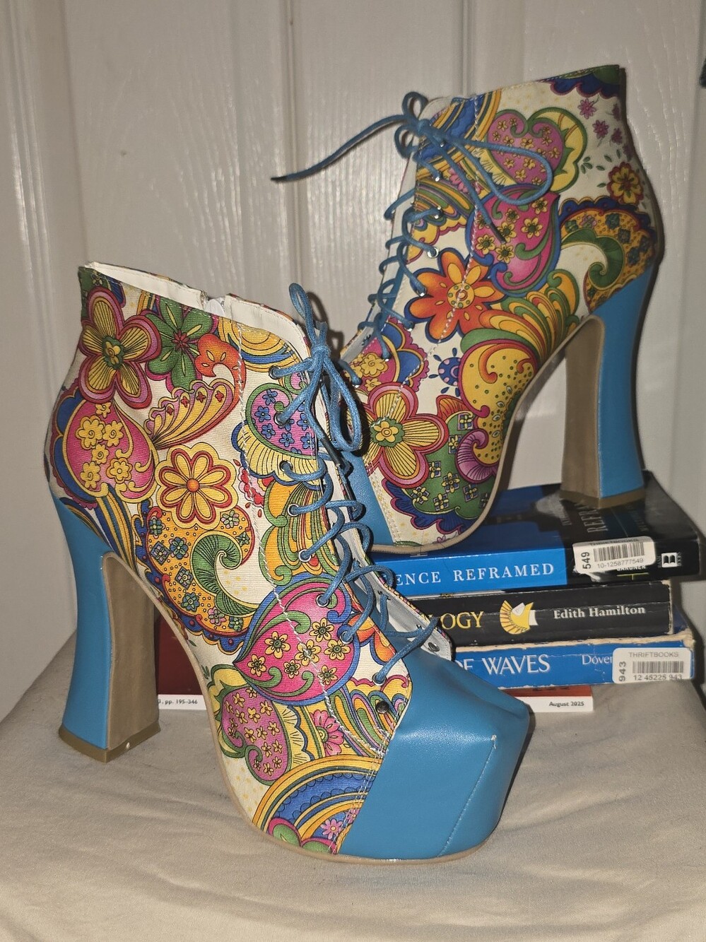 Bumper Size 9 Psychedelic Floral Platform Lace Up Ankle Boots Retro 70s Y2K